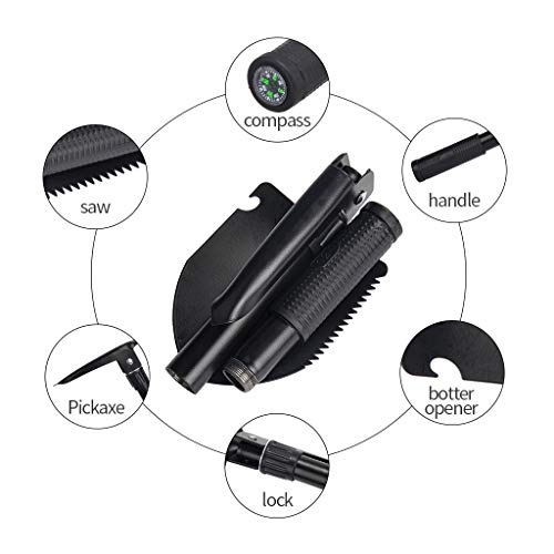 Jipemtra Gardening Folding Shovel Military Camping Shovel Survival Gear Entrenching Tool with Carrying Pouch Metal Handle for Camping Trekking Gardening Fishing Backpacking Snow (Black Zipper Pouch) - Image 2