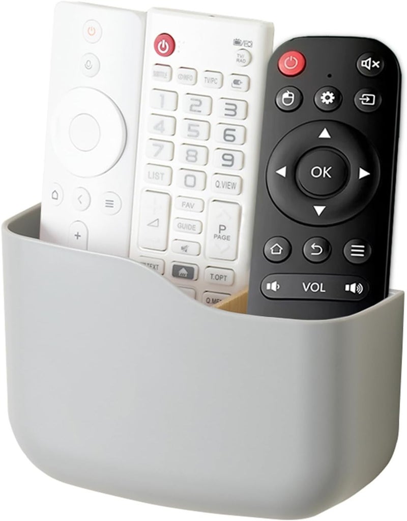 SUNFICON Adhesive Remote Control Holder Universal TV Remote Organizer Caddy Box Tray Wall Mount Media Player Controller Holder Hollow Bottom Slot Easy Phone Charging Home Office Desk Nightstand Gray - Image 1
