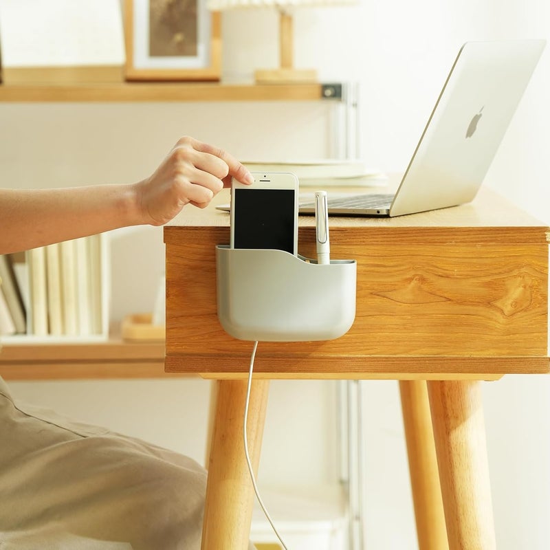 SUNFICON Adhesive Remote Control Holder Universal TV Remote Organizer Caddy Box Tray Wall Mount Media Player Controller Holder Hollow Bottom Slot Easy Phone Charging Home Office Desk Nightstand Gray - Image 2