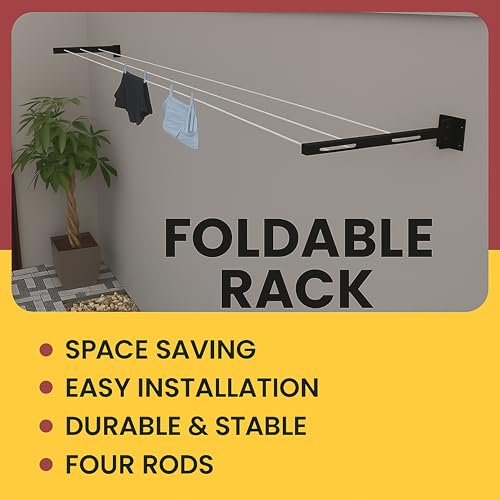 Boniry Wall Mounted Clothes Drying Stand | Heavy Duty Foldable Cloth Dryer Stand Indoor & Outdoor Use | Space Saving Cloth Drying Stand for Balcony, or Utility Room -Black - Image 3