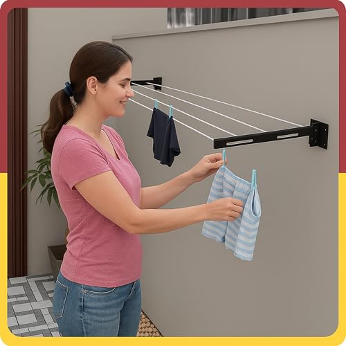 Boniry Wall Mounted Clothes Drying Stand | Heavy Duty Foldable Cloth Dryer Stand Indoor & Outdoor Use | Space Saving Cloth Drying Stand for Balcony, or Utility Room -Black - Image 4