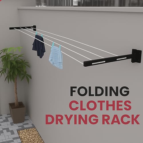 Boniry Wall Mounted Clothes Drying Stand | Heavy Duty Foldable Cloth Dryer Stand Indoor & Outdoor Use | Space Saving Cloth Drying Stand for Balcony, or Utility Room -Black - Image 2