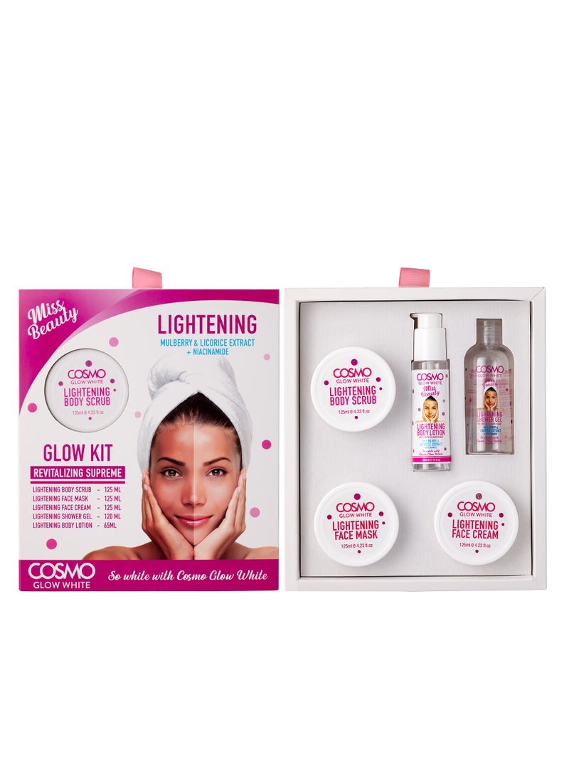 COSMO مجموعة كوزمو للعناية بالبشرة جلو وايت ميس بيوتي لتفتيح البشرة، مجموعة هدايا للجنسين، مقشر للجسم 125 مل، قناع للوجه 125 مل، كريم للوجه 125 مل، جل استحمام 120 مل، لوشن للجسم 65 مل، مجموعات للوجه - Image 1