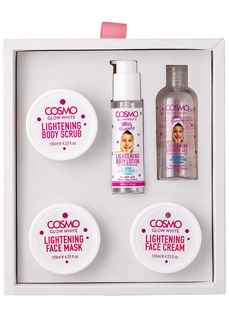 COSMO مجموعة كوزمو للعناية بالبشرة جلو وايت ميس بيوتي لتفتيح البشرة، مجموعة هدايا للجنسين، مقشر للجسم 125 مل، قناع للوجه 125 مل، كريم للوجه 125 مل، جل استحمام 120 مل، لوشن للجسم 65 مل، مجموعات للوجه - Image 2