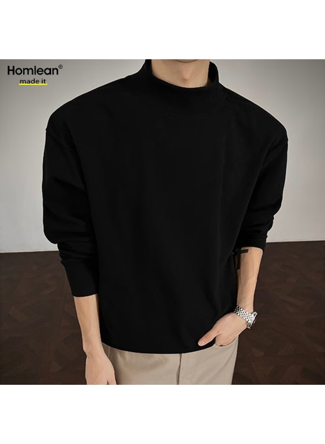 Homlean Men's Half Turtleneck Sweater Spring New Warm Trendy Korean Style Base Shirt Hd18 Black 3XL - Image 1