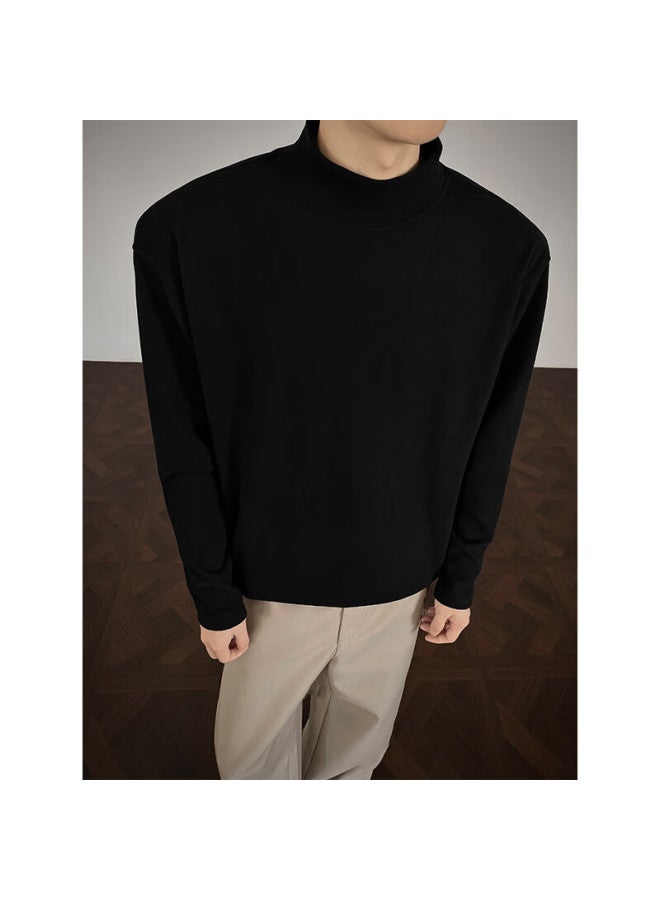 Homlean Men's Half Turtleneck Sweater Spring New Warm Trendy Korean Style Base Shirt Hd18 Black 3XL - Image 5