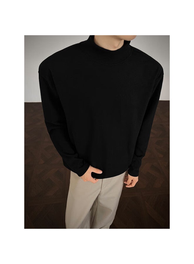 Homlean Men's Half Turtleneck Sweater Spring New Warm Trendy Korean Style Base Shirt Hd18 Black 3XL - Image 3