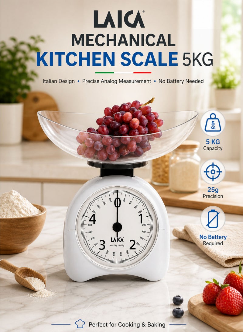 LAICA Mechanical Kitchen Scale 5KG Analog Food Weighing Scale with Bowl High Precision 25g Division Manual Weighing Machine No Battery Required Vintage Retro Design Durable ABS Bowl Cooking Baking Portion Control Kitchen Scale for Home Use - Image 1