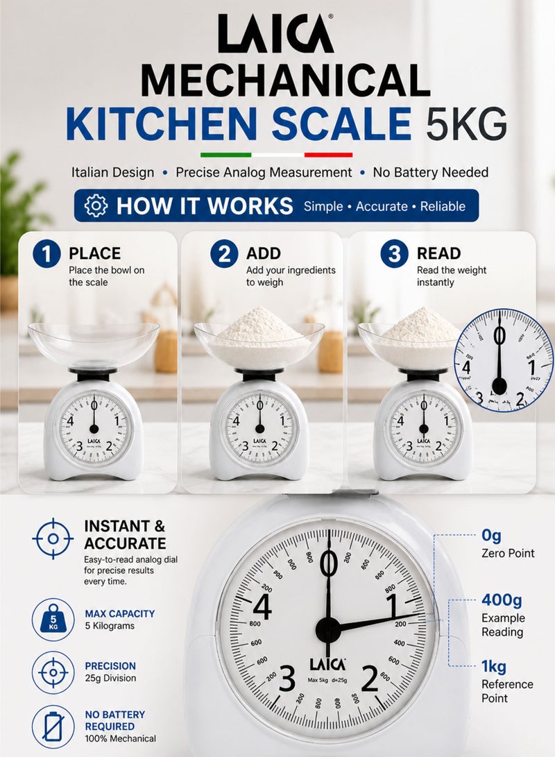 LAICA Mechanical Kitchen Scale 5KG Analog Food Weighing Scale with Bowl High Precision 25g Division Manual Weighing Machine No Battery Required Vintage Retro Design Durable ABS Bowl Cooking Baking Portion Control Kitchen Scale for Home Use - Image 3