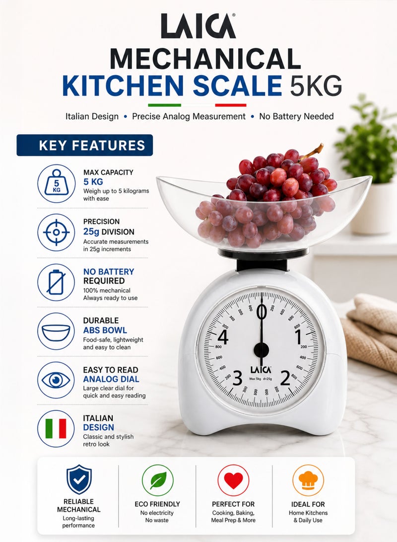 LAICA Mechanical Kitchen Scale 5KG Analog Food Weighing Scale with Bowl High Precision 25g Division Manual Weighing Machine No Battery Required Vintage Retro Design Durable ABS Bowl Cooking Baking Portion Control Kitchen Scale for Home Use - Image 2