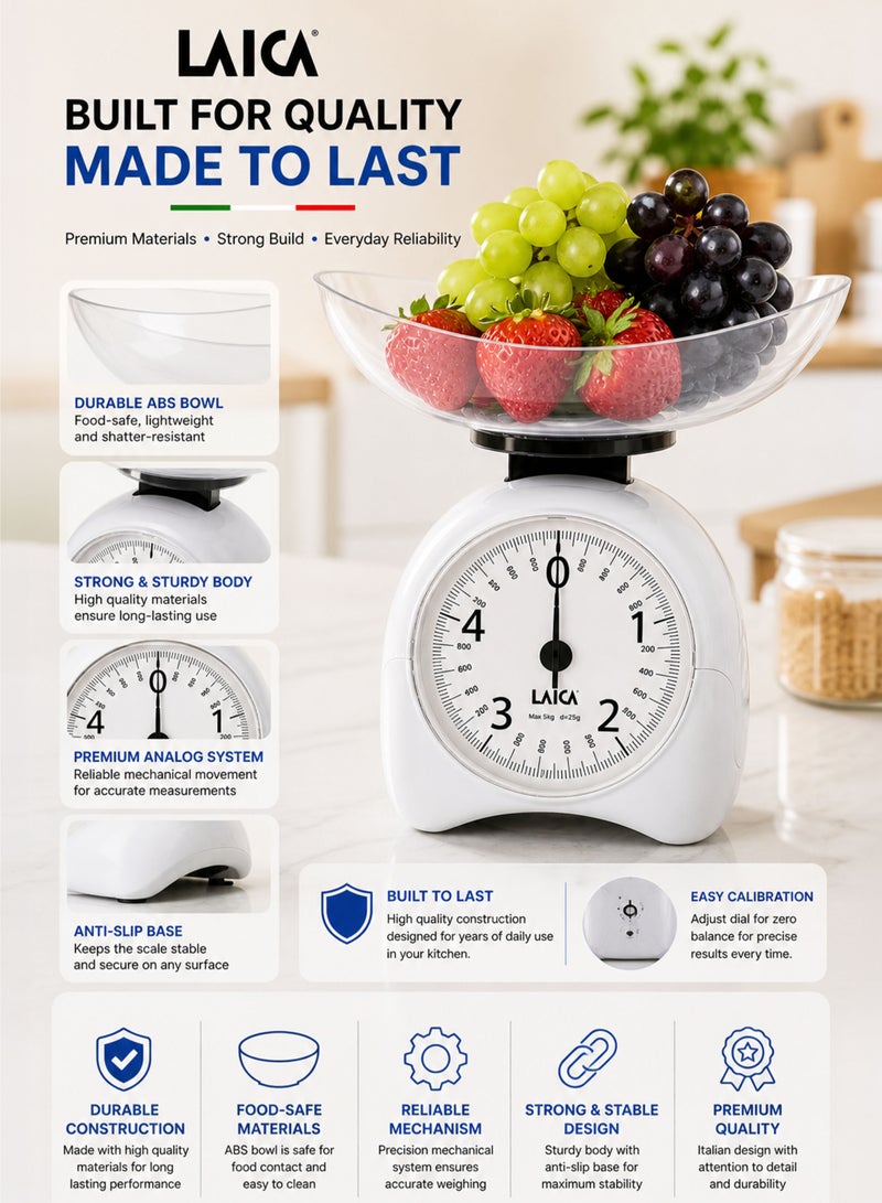 LAICA Mechanical Kitchen Scale 5KG Analog Food Weighing Scale with Bowl High Precision 25g Division Manual Weighing Machine No Battery Required Vintage Retro Design Durable ABS Bowl Cooking Baking Portion Control Kitchen Scale for Home Use - Image 5