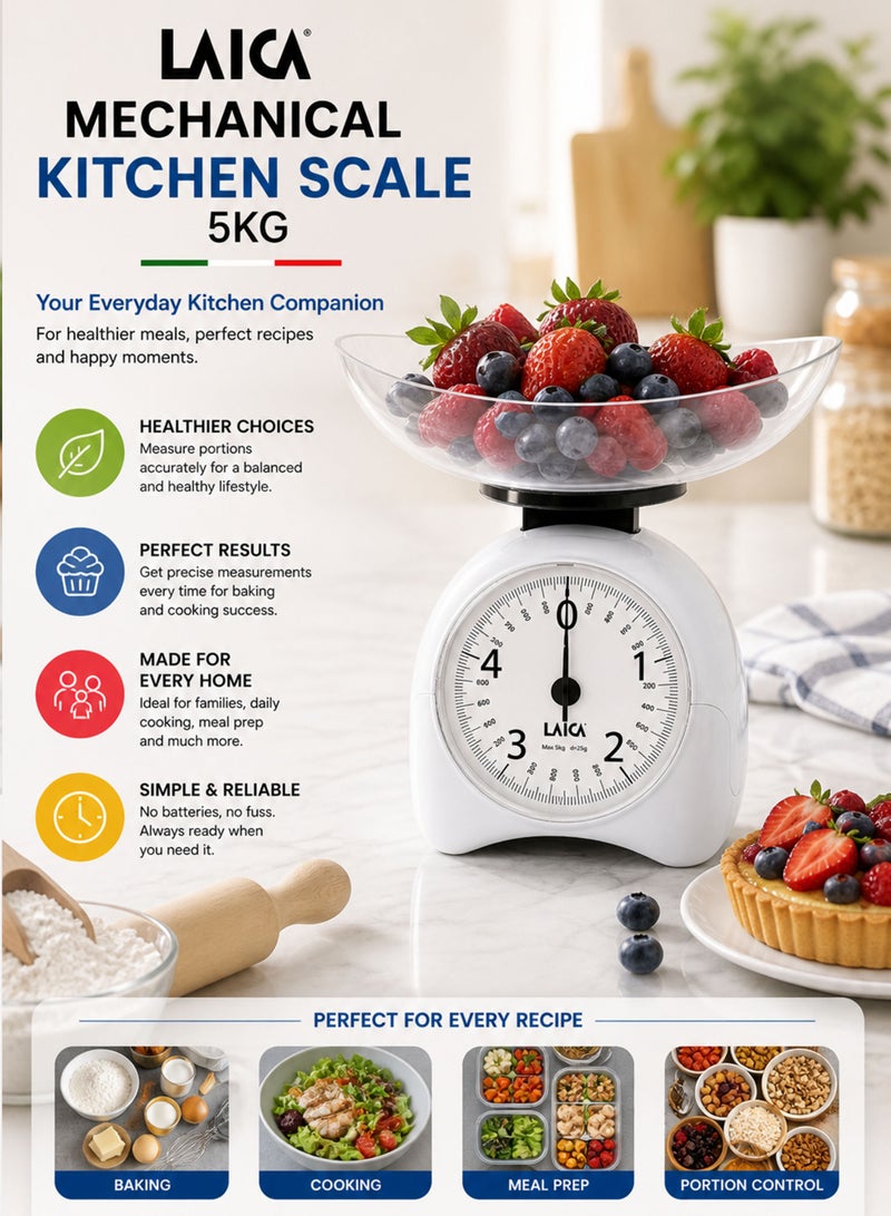 LAICA Mechanical Kitchen Scale 5KG Analog Food Weighing Scale with Bowl High Precision 25g Division Manual Weighing Machine No Battery Required Vintage Retro Design Durable ABS Bowl Cooking Baking Portion Control Kitchen Scale for Home Use - Image 4