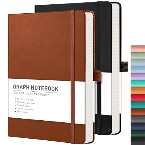 RETTACY Graph Grid Paper Notebook, 2-Pack, 192 Pages per Pack, A5 Medium Size (5.7'' x 8.3''), Leather Hardcover, 100 GSM Thick Paper, for School, Students, Math, Engineering (Black & Brown) - Image 1