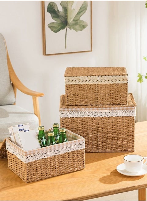 Rattan Wicker Storage Boxes with Lid Hand Woven Storage Boxes 3pcs Set Nesting Rattan Storage Boxes