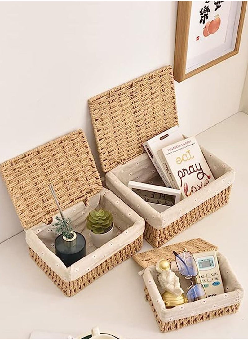 Rattan Wicker Storage Boxes with Lid Hand Woven Storage Boxes 3pcs Set Nesting Rattan Storage Boxes