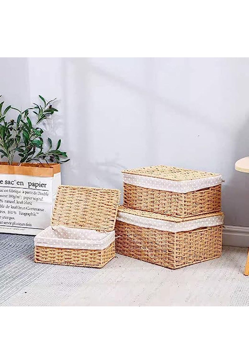 Rattan Wicker Storage Boxes with Lid Hand Woven Storage Boxes 3pcs Set Nesting Rattan Storage Boxes