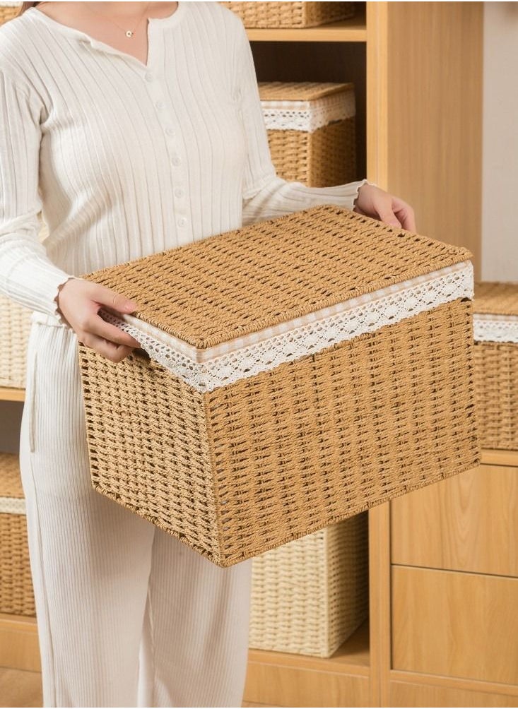 Rattan Wicker Storage Boxes with Lid Hand Woven Storage Boxes 3pcs Set Nesting Rattan Storage Boxes
