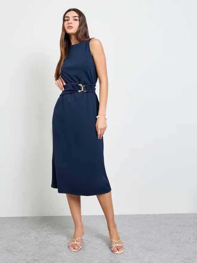 Styli blue Styli Navy Blue Sleeveless Sheath Midi Dress for Women | Best Price UAE