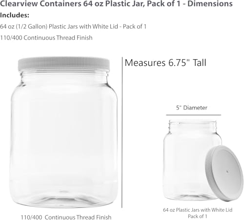 CLEARVIEW CONTAINERS Plastic Storage Jars with Leak Proof Lids, BPA Free, Hand Wash Only (64oz, 1PK White) - Image 2