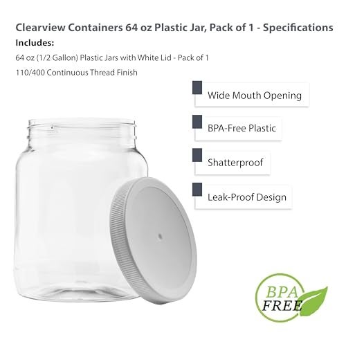 CLEARVIEW CONTAINERS Plastic Storage Jars with Leak Proof Lids, BPA Free, Hand Wash Only (64oz, 1PK White) - Image 4