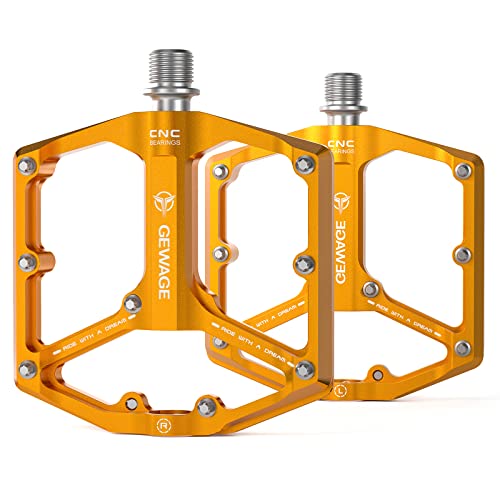 GEWAGE Road/Mountain Bike Pedals - 3 Bearings Bicycle Pedals - 9/16” CNC Machined Flat Pedals with Removable Anti-Skid Nails (Gold) - Image 1