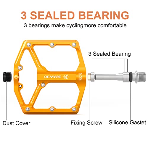 GEWAGE Road/Mountain Bike Pedals - 3 Bearings Bicycle Pedals - 9/16” CNC Machined Flat Pedals with Removable Anti-Skid Nails (Gold) - Image 4