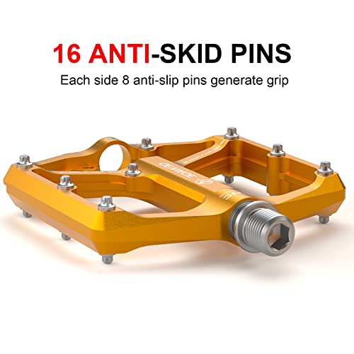 GEWAGE Road/Mountain Bike Pedals - 3 Bearings Bicycle Pedals - 9/16” CNC Machined Flat Pedals with Removable Anti-Skid Nails (Gold) - Image 3