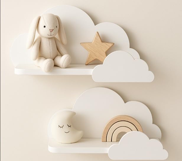 BugyBagy Cloud Wall Shelf  Decorative Wooden Floating Shelf for Nursery Kids Room  Multiple Colors  Light Options White Cloud Shelf Set of 2  No Light