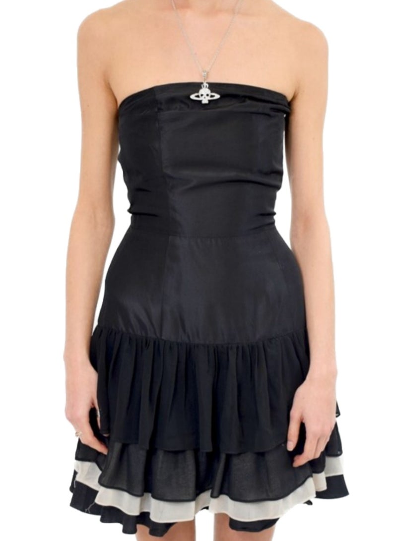 Women cupcake layered strapless bow belt part soiree graduation dress  - Image 1