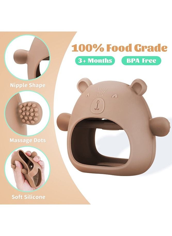 Bebiland - Silicone Teething Mitten with Cute Bear Shape, BPA-Free and Anti-Drop Teether Toy for Baby Soothing Teething Pain Relief, Brown - Image 1