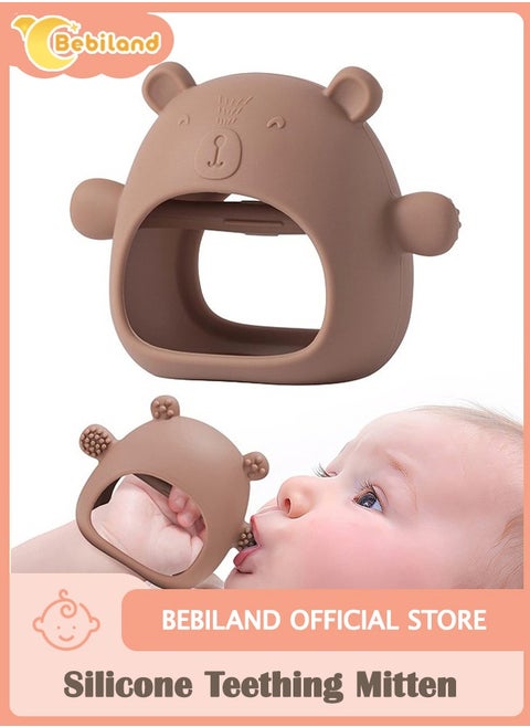 Silicone Teething Mitten with Cute Bear Shape, BPA-Free and Anti-Drop Teether Toy for Baby Soothing Teething Pain Relief, Brown
