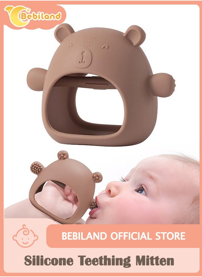 Bebiland - Silicone Teething Mitten with Cute Bear Shape, BPA-Free and Anti-Drop Teether Toy for Baby Soothing Teething Pain Relief, Brown - Image 1