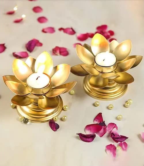 The Decor Affair The Decor Affair Tealight Candle Holders Set of 2 Lotus Metal Tea Light Candle HolderLotus Candle HolderLotus Candle Stand for DiwaliHome DecorOfficeGiftsTemple DecorPooja Items 