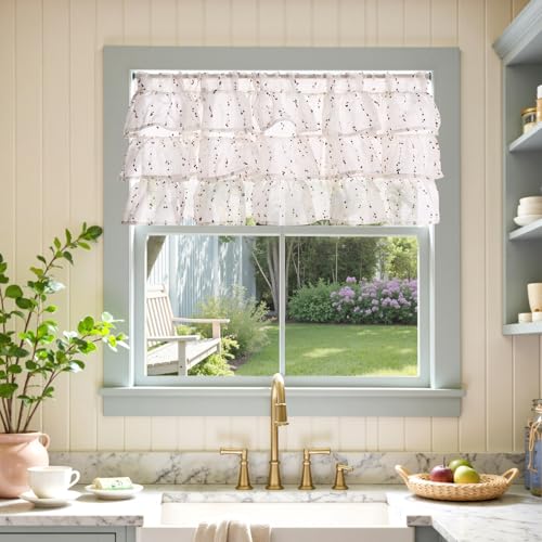 jinchan Ruffled Valance for Windows 18 Inch Mini PomPom Voile Valance Curtains PomPom Semi Sheer Shabbychic Samll Window Treatment for Kitchen Bedroom Living Room Rod Pocket 1 Panel Orange - Image 3