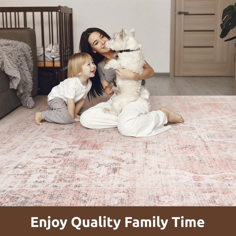 AMOAMI-Area Rug 5X7 Rugs for Living Room-Vintage Soft Pink Rugs for Bedroom-Non Slip Carpet-Machine Washable Rug for Dining Room Living Room Bedroom Office Under Table - Image 4