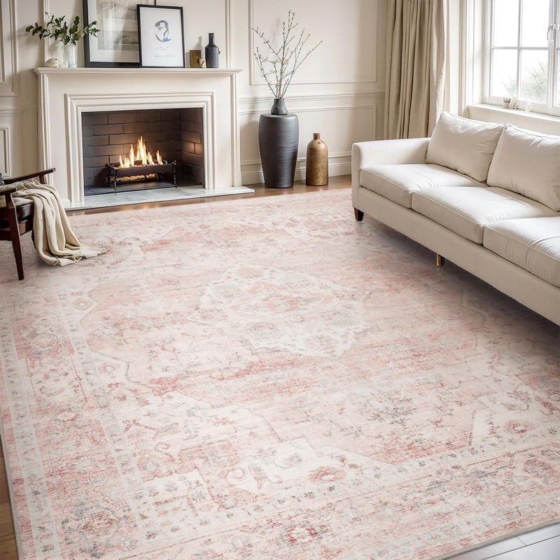 AMOAMI-Area Rug 5X7 Rugs for Living Room-Vintage Soft Pink Rugs for Bedroom-Non Slip Carpet-Machine Washable Rug for Dining Room Living Room Bedroom Office Under Table - Image 1