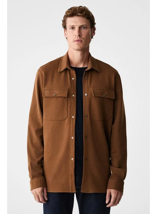 GRIMELANGE MAZE Men's Special Textured Thick Fabric Pocket Snap Dark Brown Jacket.