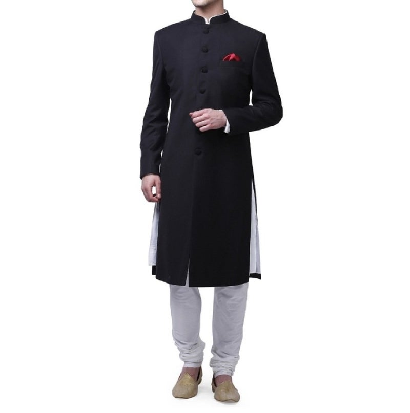 Royal Kurta Men's Suiting Blend Kneelong Solid Nehru Sherwani - Image 1