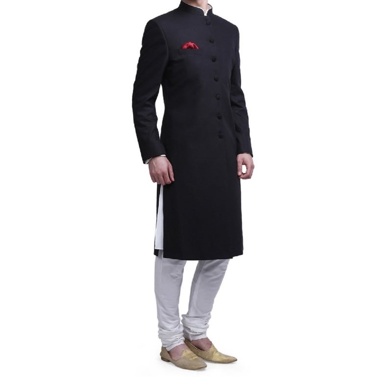 Royal Kurta Men's Suiting Blend Kneelong Solid Nehru Sherwani - Image 2