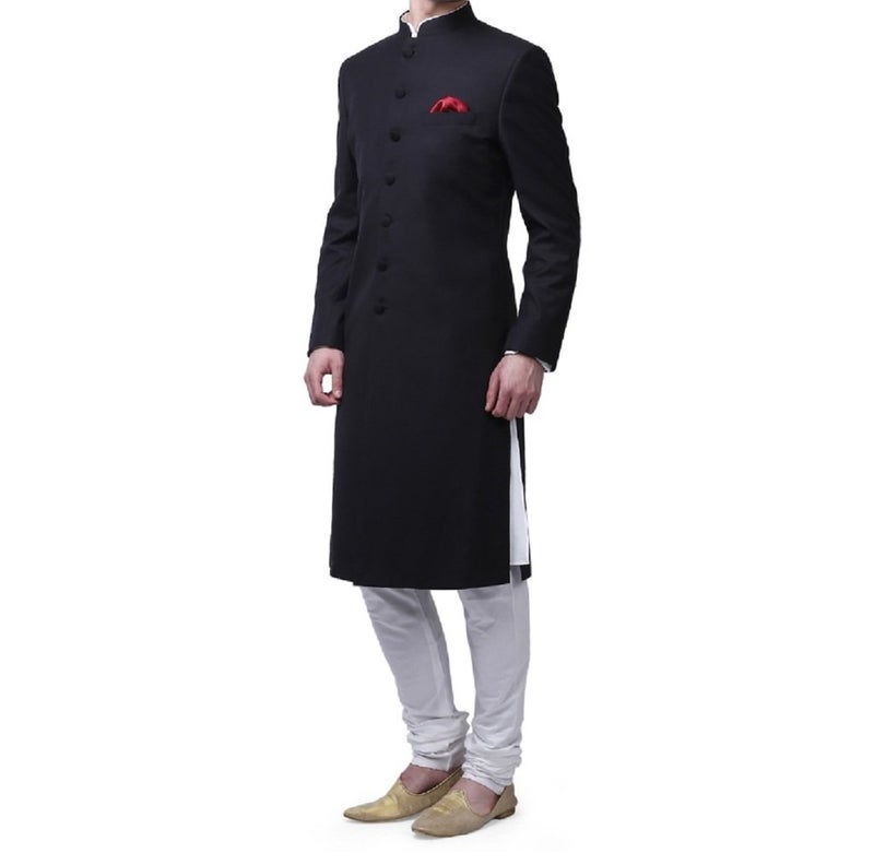 Royal Kurta Men's Suiting Blend Kneelong Solid Nehru Sherwani - Image 3