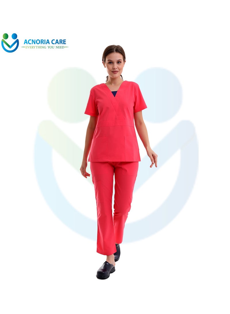 اكنوريا كير سكراب طبي نسائي مكون من قطعتين بلوزة وسروال 35% قطن و65% بوليستر لون احمر- مقاس L- من اكنوريا كير - Image 1