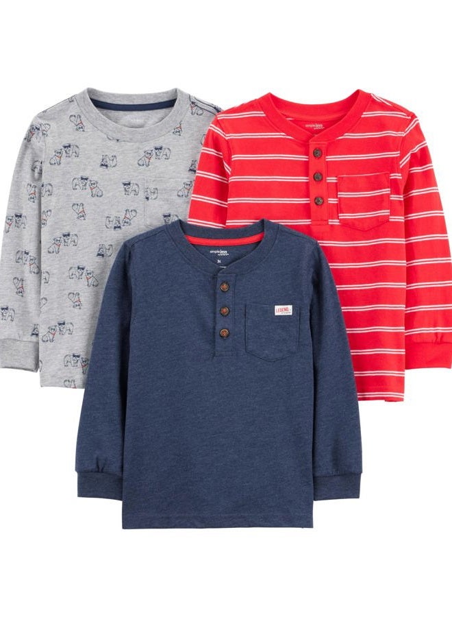by Carter's Boys' Toddler 3-Pack Long Sleeve Shirts, Grey Dogs/Navy Heather/Red Double Stripe, 2T