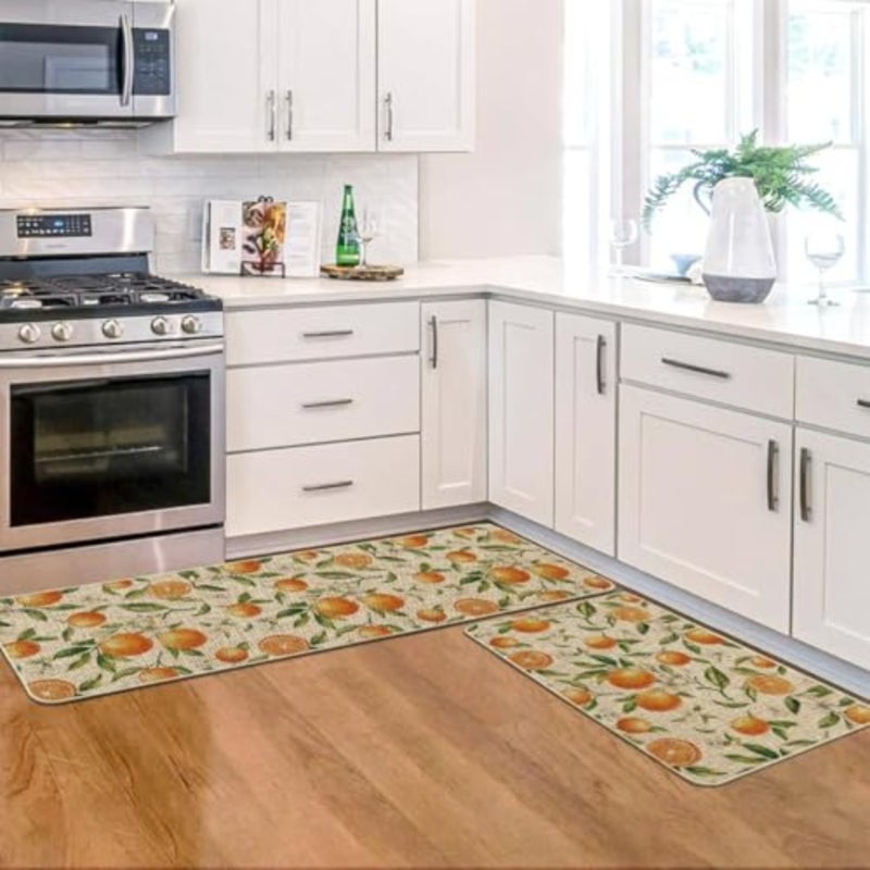 Orange Spring Kitchen Mats Set of 2, Home Decor Low-Profile Kitchen Rugs for Floor - 17x29 and 17x47 Inch - Image 5