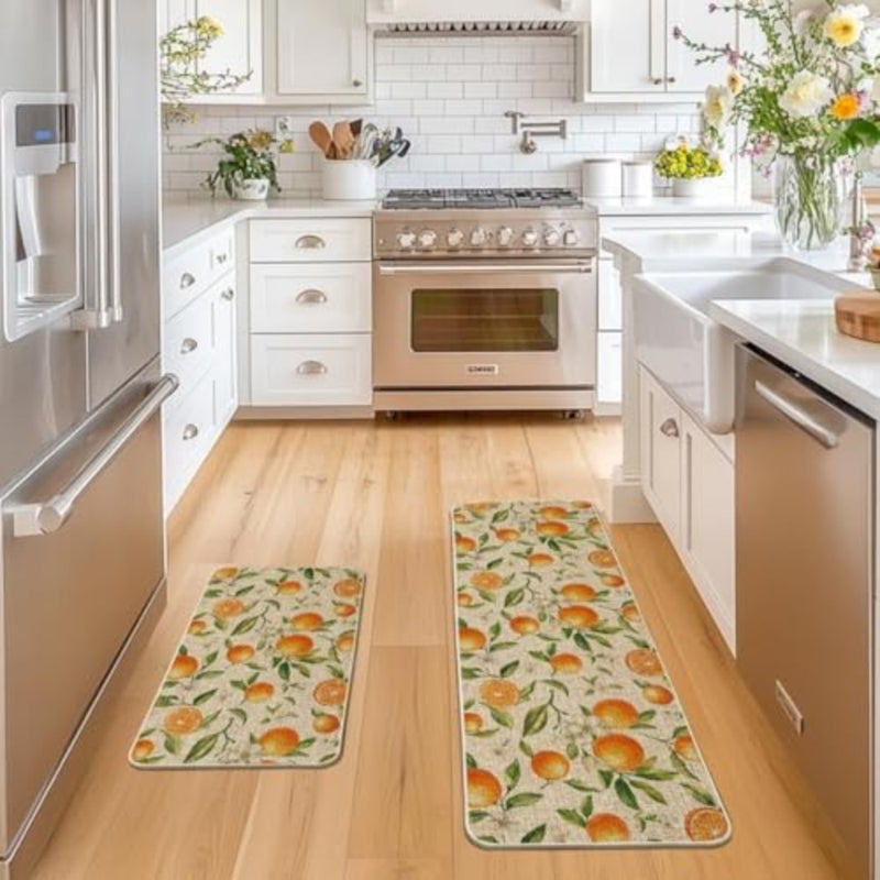 Orange Spring Kitchen Mats Set of 2, Home Decor Low-Profile Kitchen Rugs for Floor - 17x29 and 17x47 Inch - Image 2