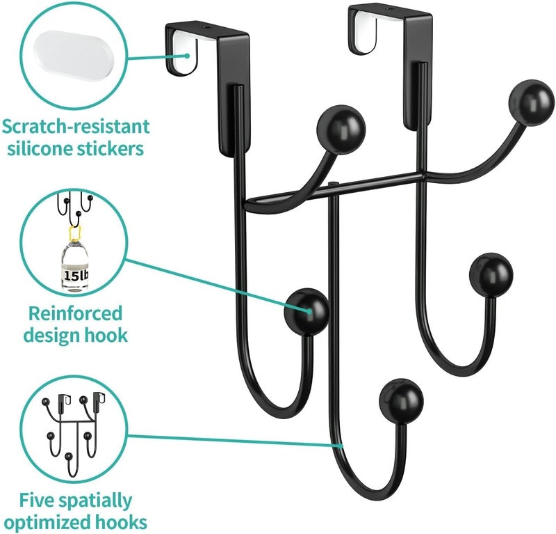 AB SALES Over Door Hooks WallMounted Stainless Steel 5Hook Hanger for Clothes Towels Hats Bags and Kitchen Accessories HeavyDuty Industrial Design SpaceSaving NonSlip Black 2Pack - Image 3