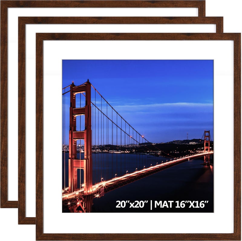 Yaetm 20x20 Picture Frame Brown Set of 3, Wood Grain Square Frames Display 16x16 with Mat or 20 x 20 without Mat, Gallery Wall 20x20 Frame for Wall Mounting (3 Pack, Brown) - Image 1