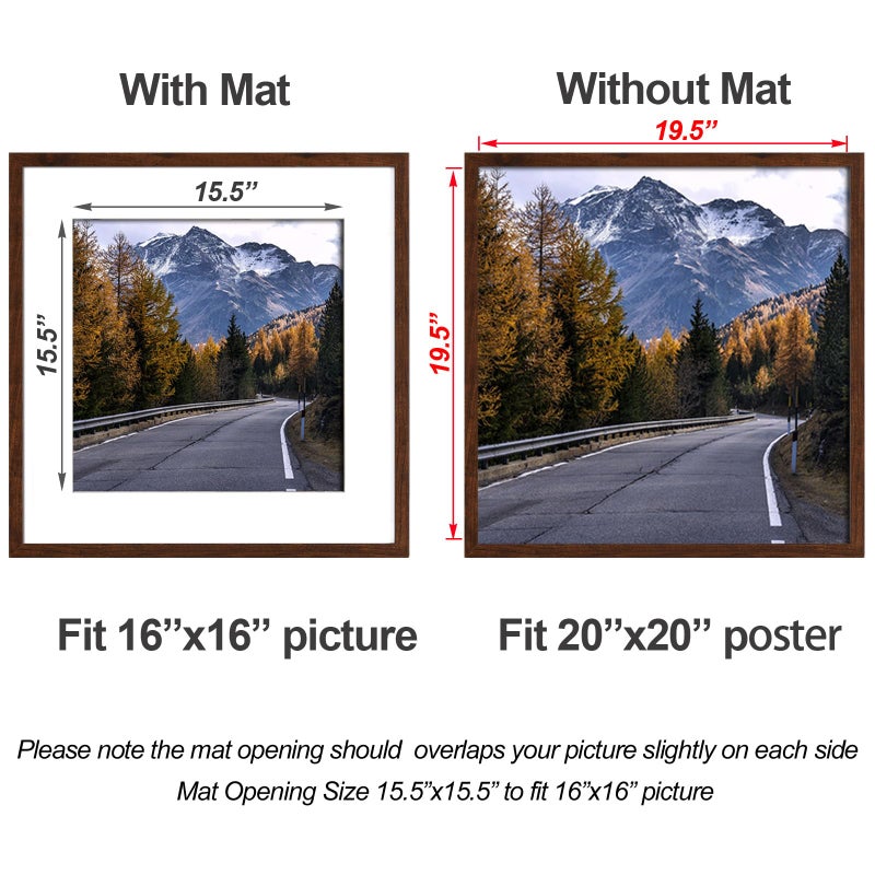 Yaetm 20x20 Picture Frame Brown Set of 3, Wood Grain Square Frames Display 16x16 with Mat or 20 x 20 without Mat, Gallery Wall 20x20 Frame for Wall Mounting (3 Pack, Brown) - Image 3