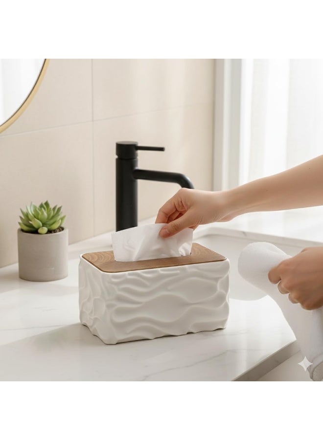Decorative Tissue Box Cover with Wooden Lid - Modern Wavy Textured Design - Durable Rectangular Tissue Dispenser for Home, Office, and Bathroom (White) - Image 3