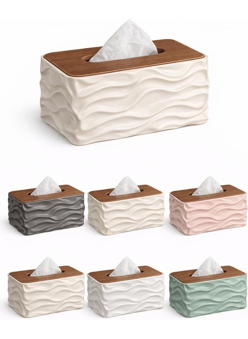 Decorative Tissue Box Cover with Wooden Lid - Modern Wavy Textured Design - Durable Rectangular Tissue Dispenser for Home, Office, and Bathroom (White) - Image 4