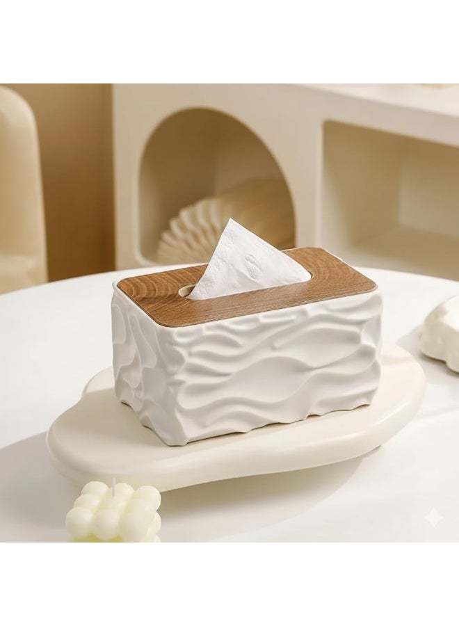Decorative Tissue Box Cover with Wooden Lid - Modern Wavy Textured Design - Durable Rectangular Tissue Dispenser for Home, Office, and Bathroom (White) - Image 1